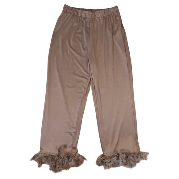Unbranded Pants - Feather Trim Wide Leg Lounge Pants Brown Taupe Elastic Waist Soft Stretch Size M